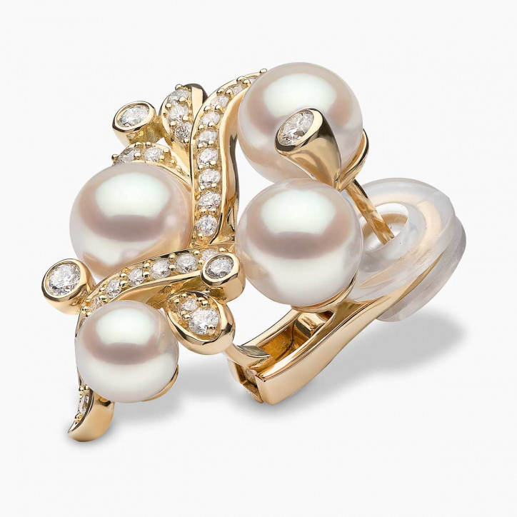 Raindrop 18K Gold Akoya Pearl and Diamond Ripple Earrings