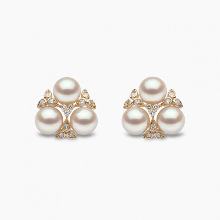 Raindrop 18K Gold Triple Akoya Pearl and Diamond Earrings