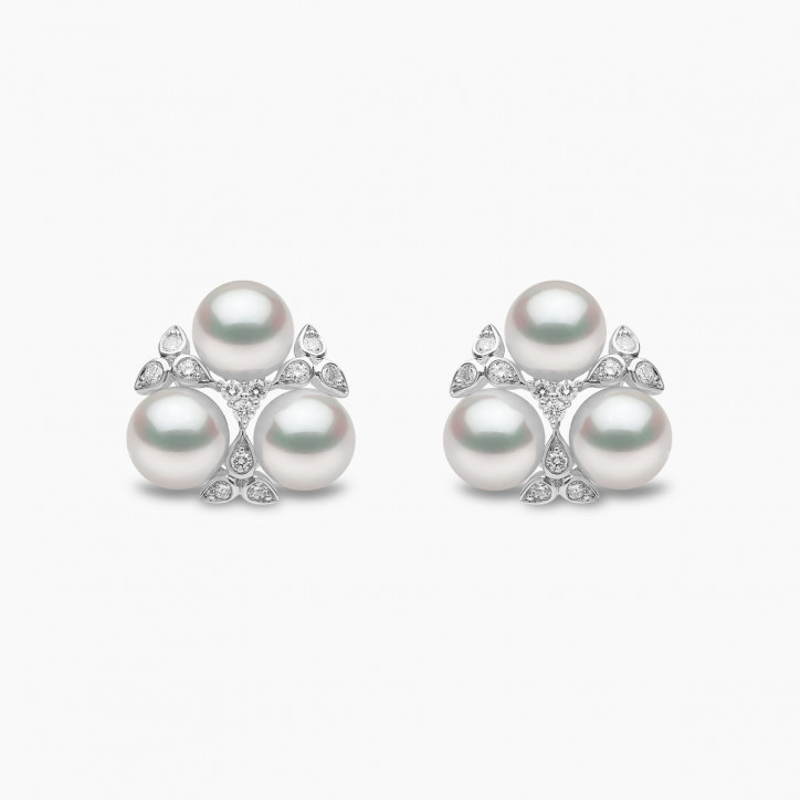 Raindrop 18K Gold Triple Akoya Pearl and Diamond Earrings