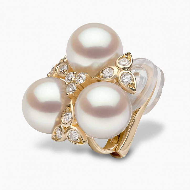 Raindrop 18K Gold Triple Akoya Pearl and Diamond Earrings