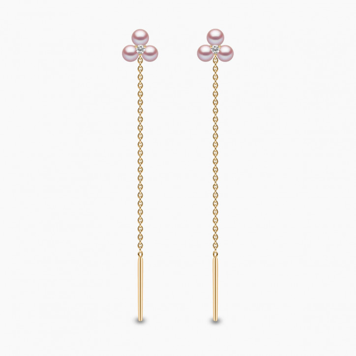 Trend 18K Gold Triple Freshwater Pearl and Diamond Pull Through Chain Earrings