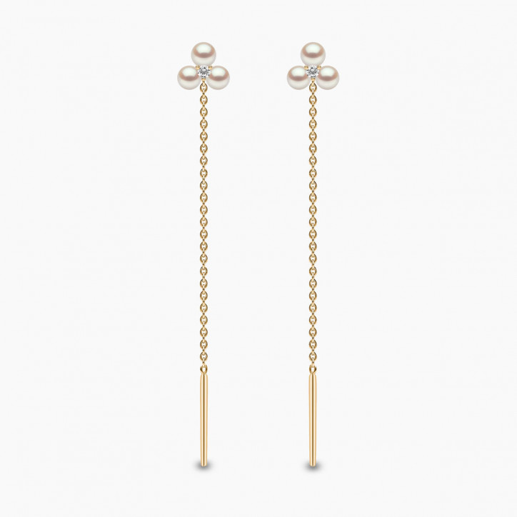 Trend 18K Gold Triple Freshwater Pearl and Diamond Pull Through Chain Earrings