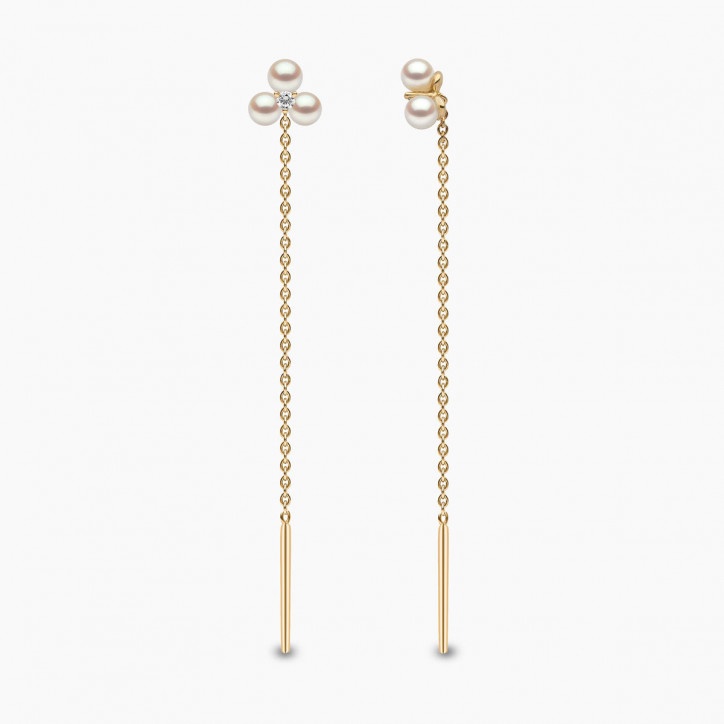 Trend 18K Gold Triple Freshwater Pearl and Diamond Pull Through Chain Earrings