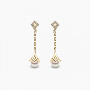 Trend 18K Gold Freshwater Pearl and Diamond Motif Chain Drop Earrings