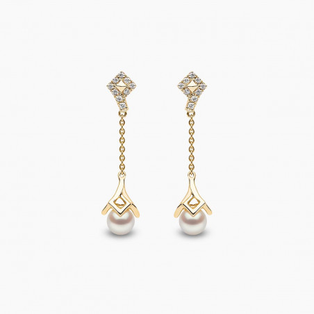 Trend 18K Gold Freshwater Pearl and Diamond Motif Chain Drop Earrings