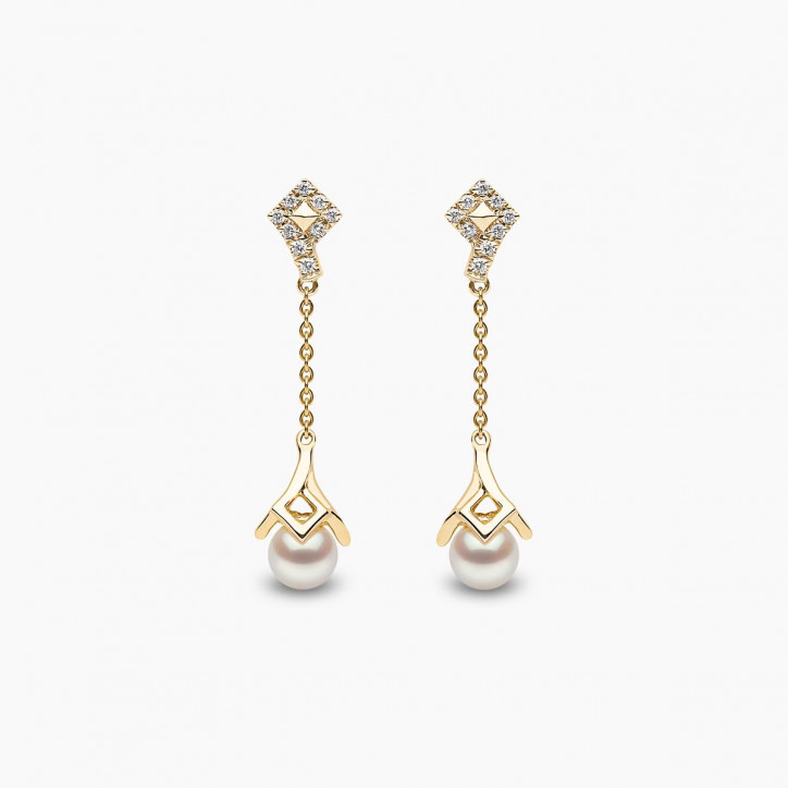 Trend 18K Gold Freshwater Pearl and Diamond Motif Chain Drop Earrings