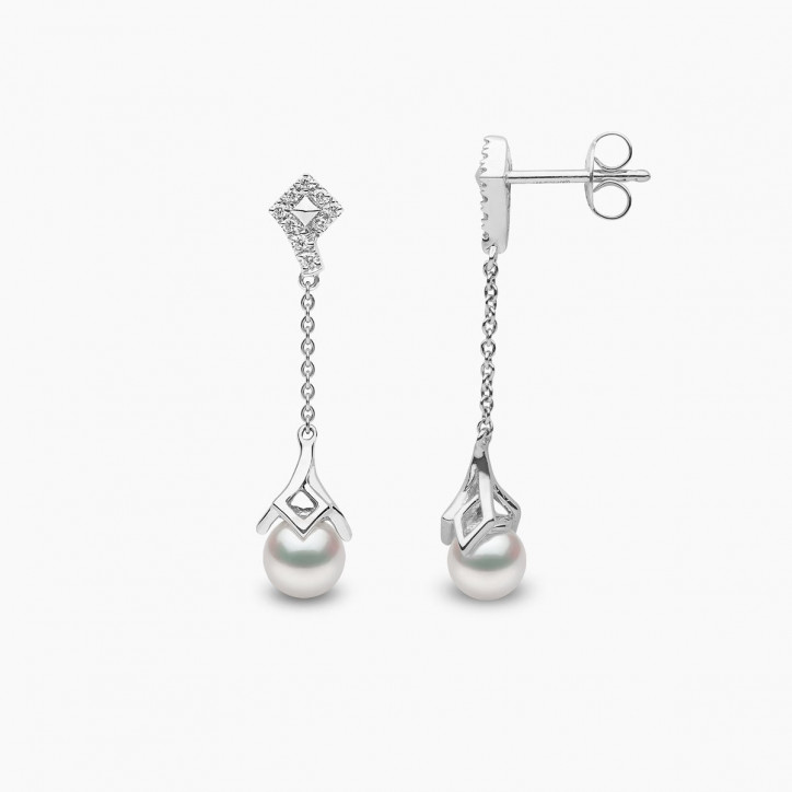 Trend 18K Gold Freshwater Pearl and Diamond Motif Chain Drop Earrings