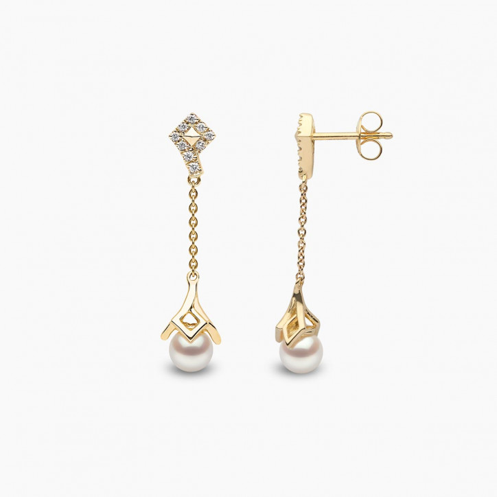 Trend 18K Gold Freshwater Pearl and Diamond Motif Chain Drop Earrings