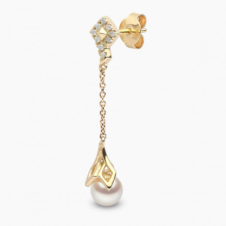 Trend 18K Gold Freshwater Pearl and Diamond Motif Chain Drop Earrings