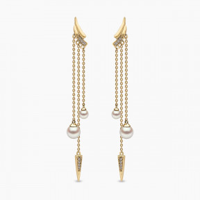 Trend 18K Gold Freshwater Pearl and Double Diamond Apex Chain Earrings