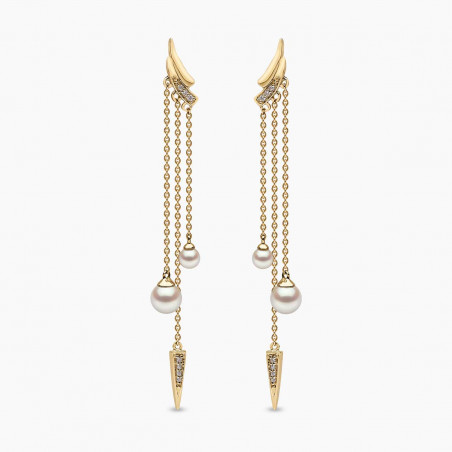 Trend 18K Gold Freshwater Pearl and Double Diamond Apex Chain Earrings