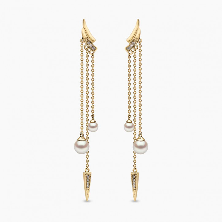 Trend 18K Gold Freshwater Pearl and Double Diamond Apex Chain Earrings