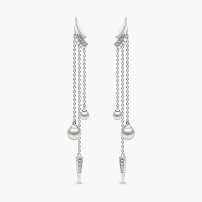 Trend 18K Gold Freshwater Pearl and Double Diamond Apex Chain Earrings