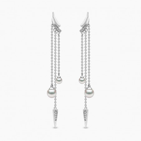 Trend 18K Gold Freshwater Pearl and Double Diamond Apex Chain Earrings