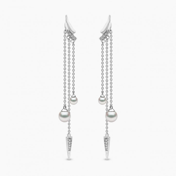 Trend 18K Gold Freshwater Pearl and Double Diamond Apex Chain Earrings