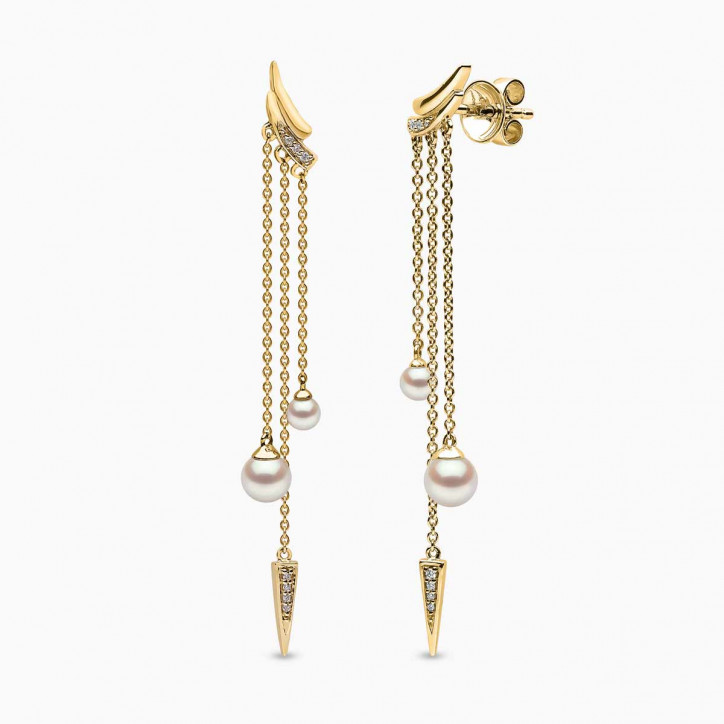 Trend 18K Gold Freshwater Pearl and Double Diamond Apex Chain Earrings