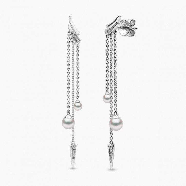 Trend 18K Gold Freshwater Pearl and Double Diamond Apex Chain Earrings