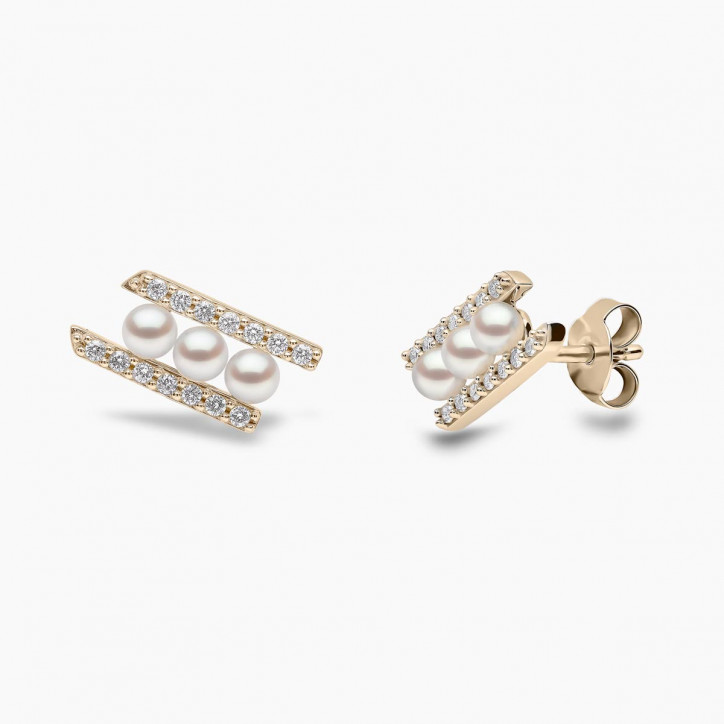 Sleek 18K Gold Pearl and Diamond Row Stud Earrings