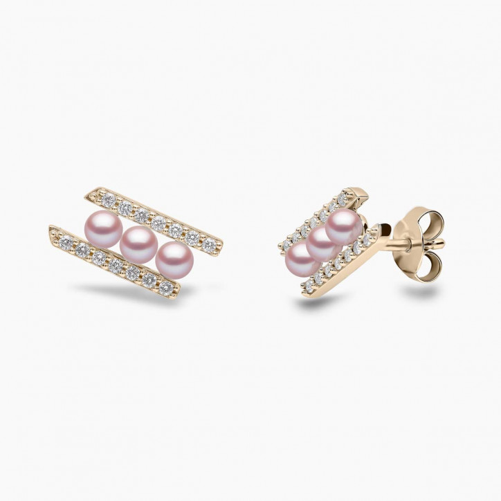 Sleek 18K Gold Pearl and Diamond Row Stud Earrings