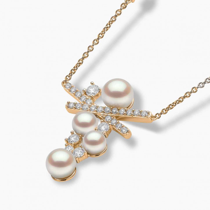 Sleek 18K Gold Pearl and Diamond Double Cross Necklace