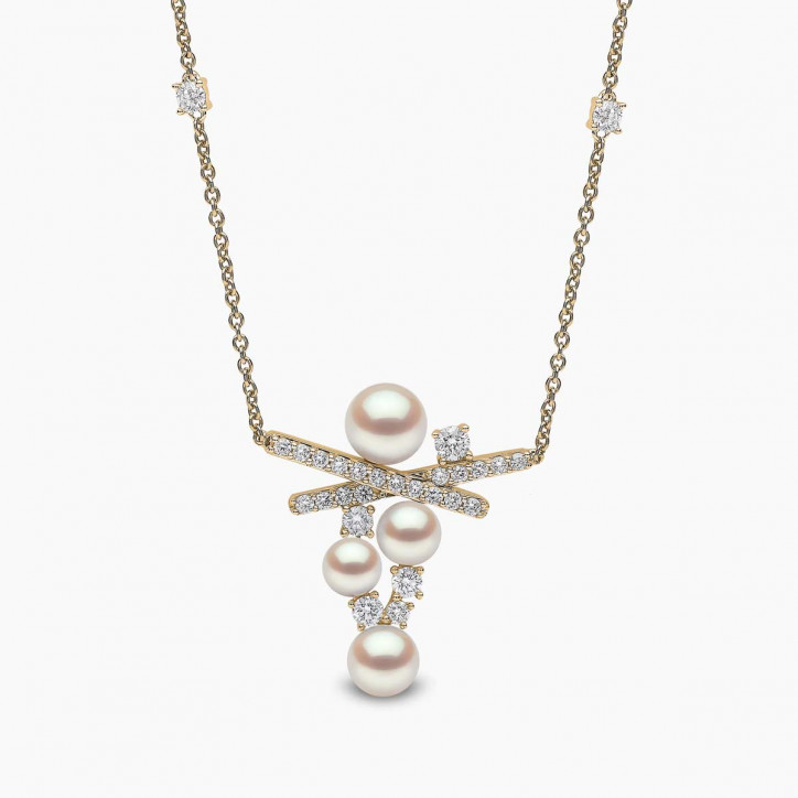 Sleek 18K Gold Pearl and Diamond Double Cross Necklace