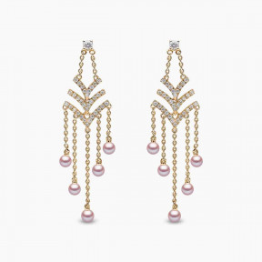 Sleek 18K Gold Pearl and Diamond V Chain Drop Earrings