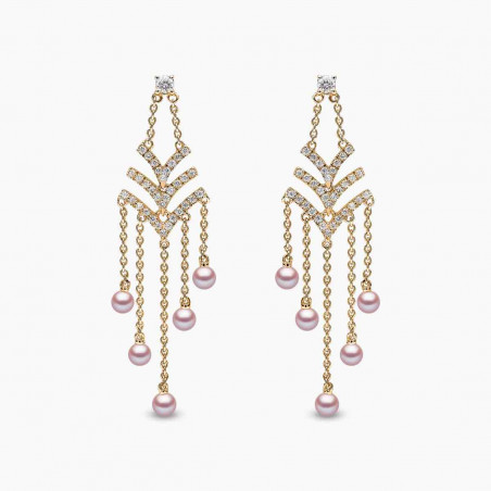 Sleek 18K Gold Pearl and Diamond V Chain Drop Earrings