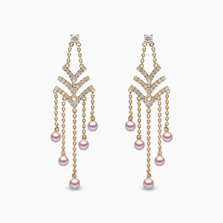 Sleek 18K Gold Pearl and Diamond V Chain Drop Earrings