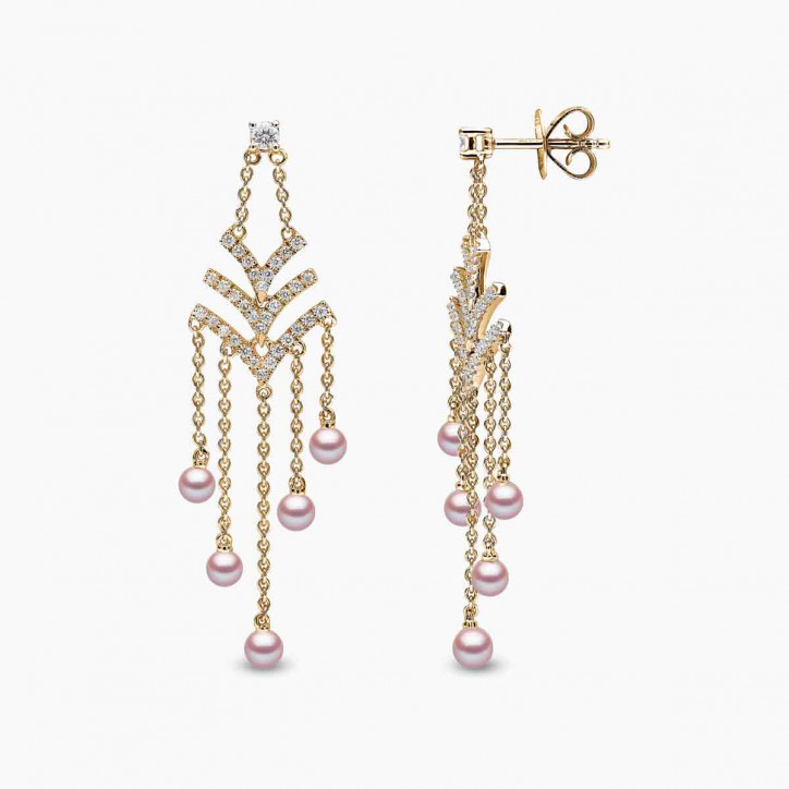 Sleek 18K Gold Pearl and Diamond V Chain Drop Earrings