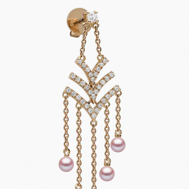 Sleek 18K Gold Pearl and Diamond V Chain Drop Earrings