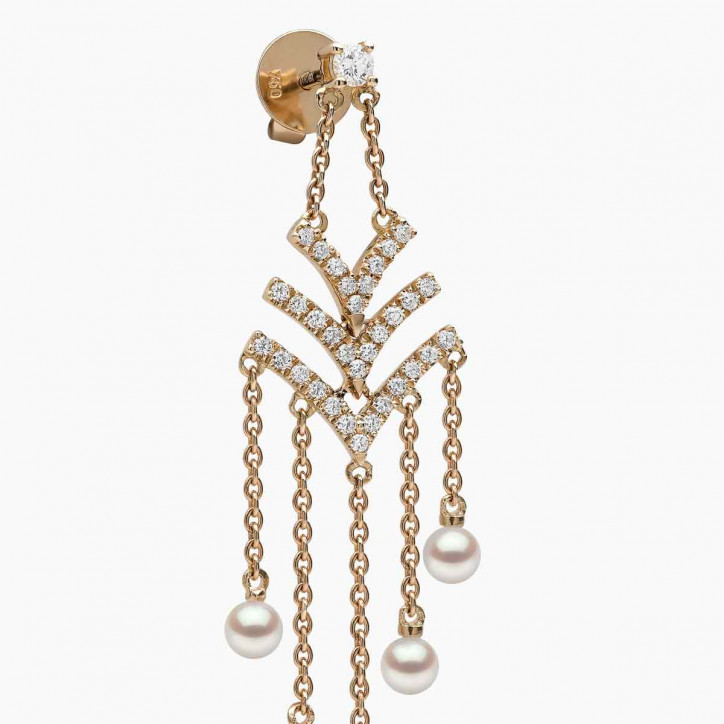 Sleek 18K Gold Pearl and Diamond V Chain Drop Earrings