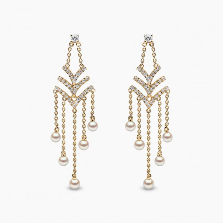 Sleek 18K Gold Pearl and Diamond V Chain Drop Earrings