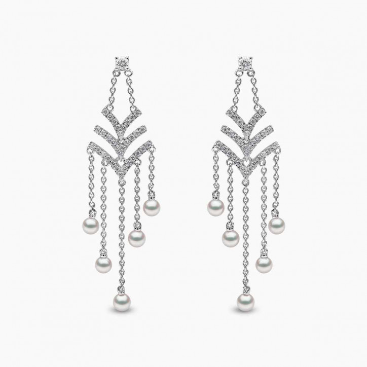 Sleek 18K Gold Pearl and Diamond V Chain Drop Earrings