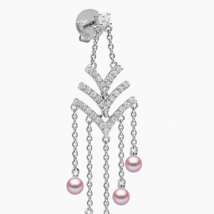 Sleek 18K Gold Pearl and Diamond V Chain Drop Earrings