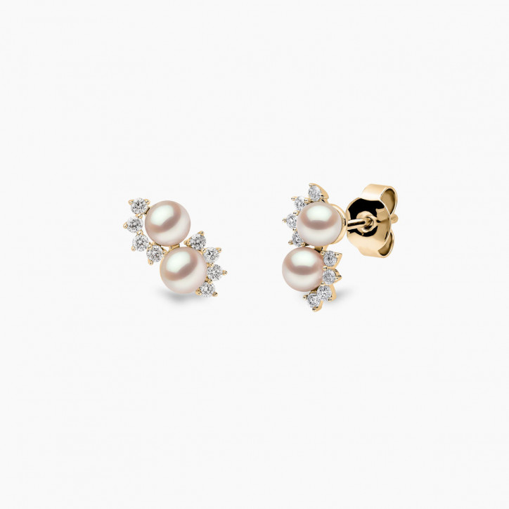 Sleek 18K Gold Double Pearl and Diamond Star Stud Earrings