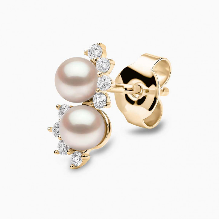 Sleek 18K Gold Double Pearl and Diamond Star Stud Earrings