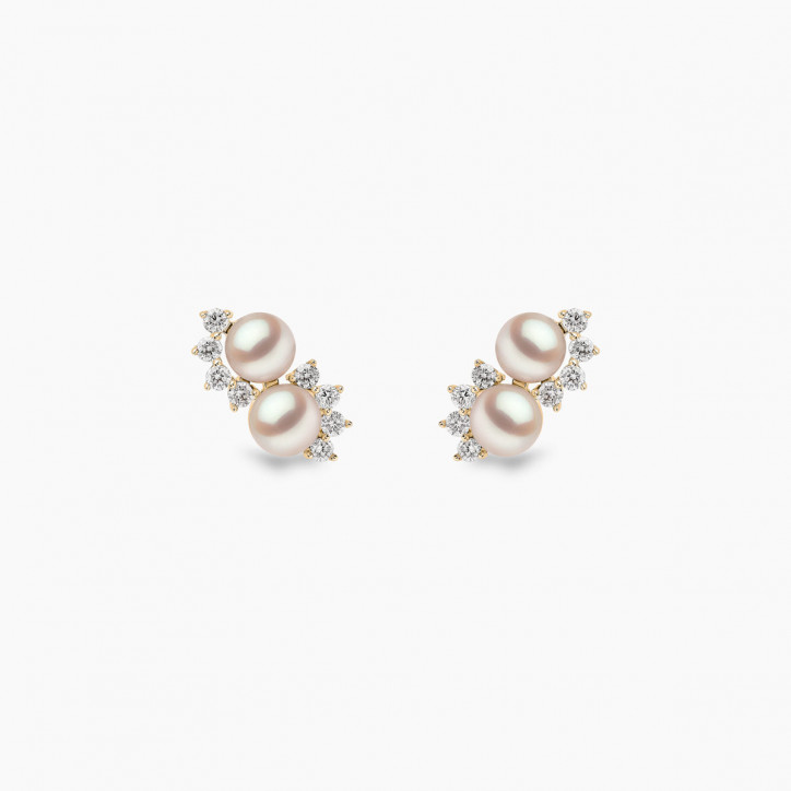 Sleek 18K Gold Double Pearl and Diamond Star Stud Earrings