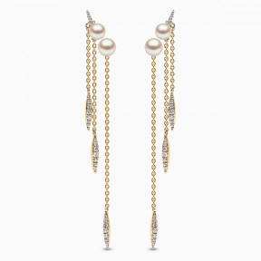 Trend 18K Gold Freshwater Pearl and Diamond Feather Chain Earrings