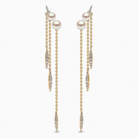 Trend 18K Gold Freshwater Pearl and Diamond Feather Chain Earrings