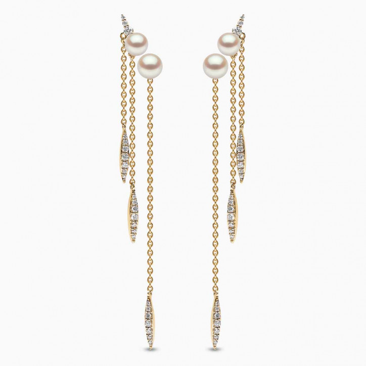 Trend 18K Gold Freshwater Pearl and Diamond Feather Chain Earrings