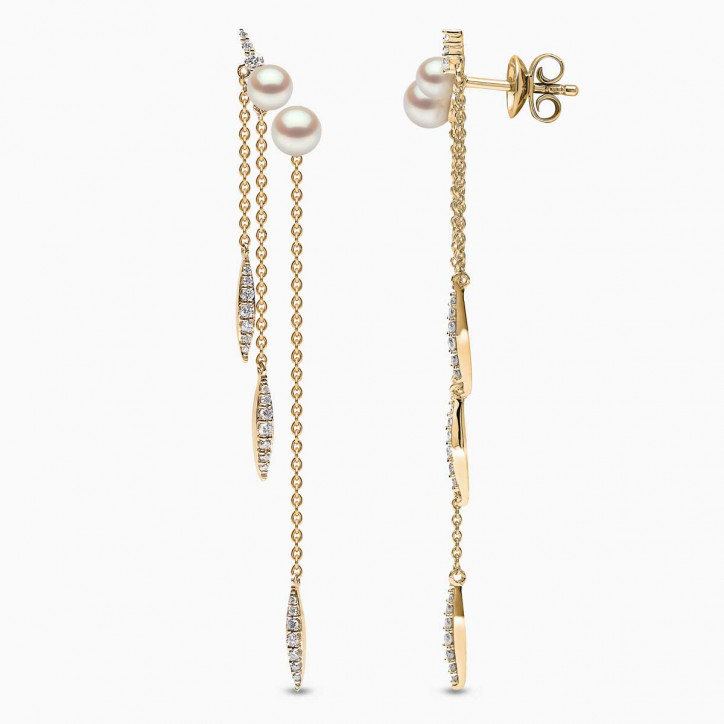 Trend 18K Gold Freshwater Pearl and Diamond Feather Chain Earrings