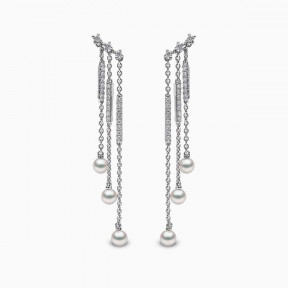 Sleek 18K Gold Pearl and Diamond Triple Chain Drop Earrings