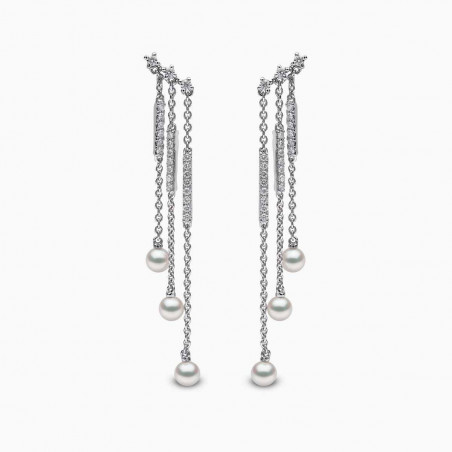 Sleek 18K Gold Pearl and Diamond Triple Chain Drop Earrings