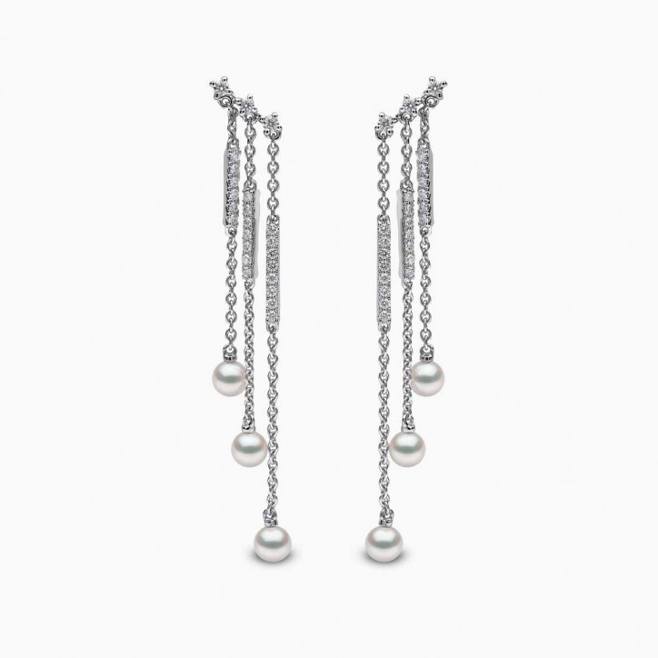 Sleek 18K Gold Pearl and Diamond Triple Chain Drop Earrings