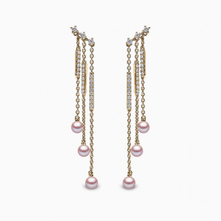 Sleek 18K Gold Pearl and Diamond Triple Chain Drop Earrings