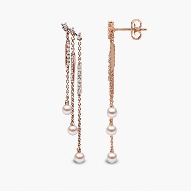 Sleek 18K Gold Pearl and Diamond Triple Chain Drop Earrings