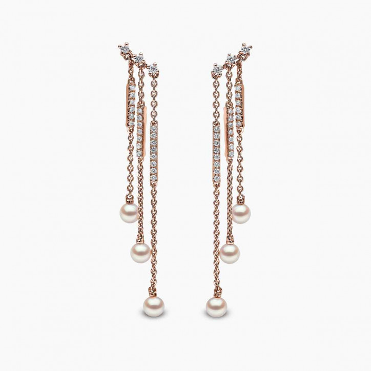 Sleek 18K Gold Pearl and Diamond Triple Chain Drop Earrings