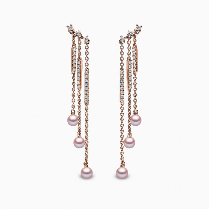 Sleek 18K Gold Pearl and Diamond Triple Chain Drop Earrings