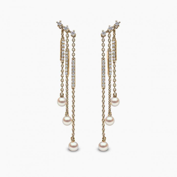 Sleek 18K Gold Pearl and Diamond Triple Chain Drop Earrings