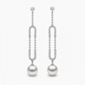 Trend 18K Gold Freshwater Pearl and Diamond Motif Chain Earrings